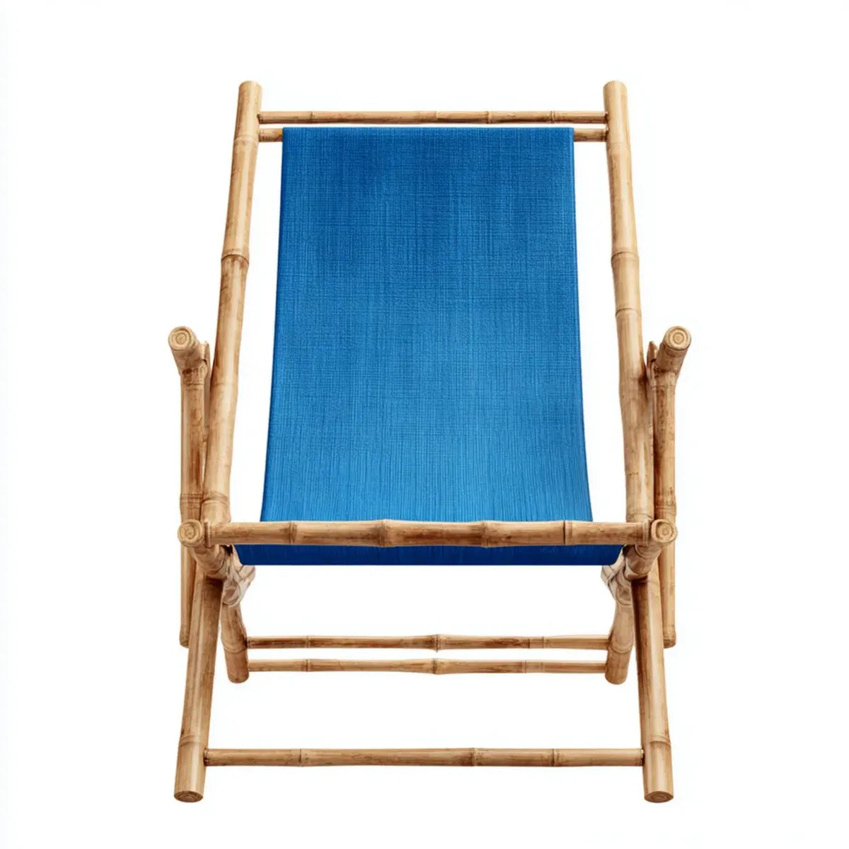 Fotel wypoczynkowy, Niebieski fotel w litym bambusie i płótno poliestrowe nachylone kształt 60 x 105 x 95 cm