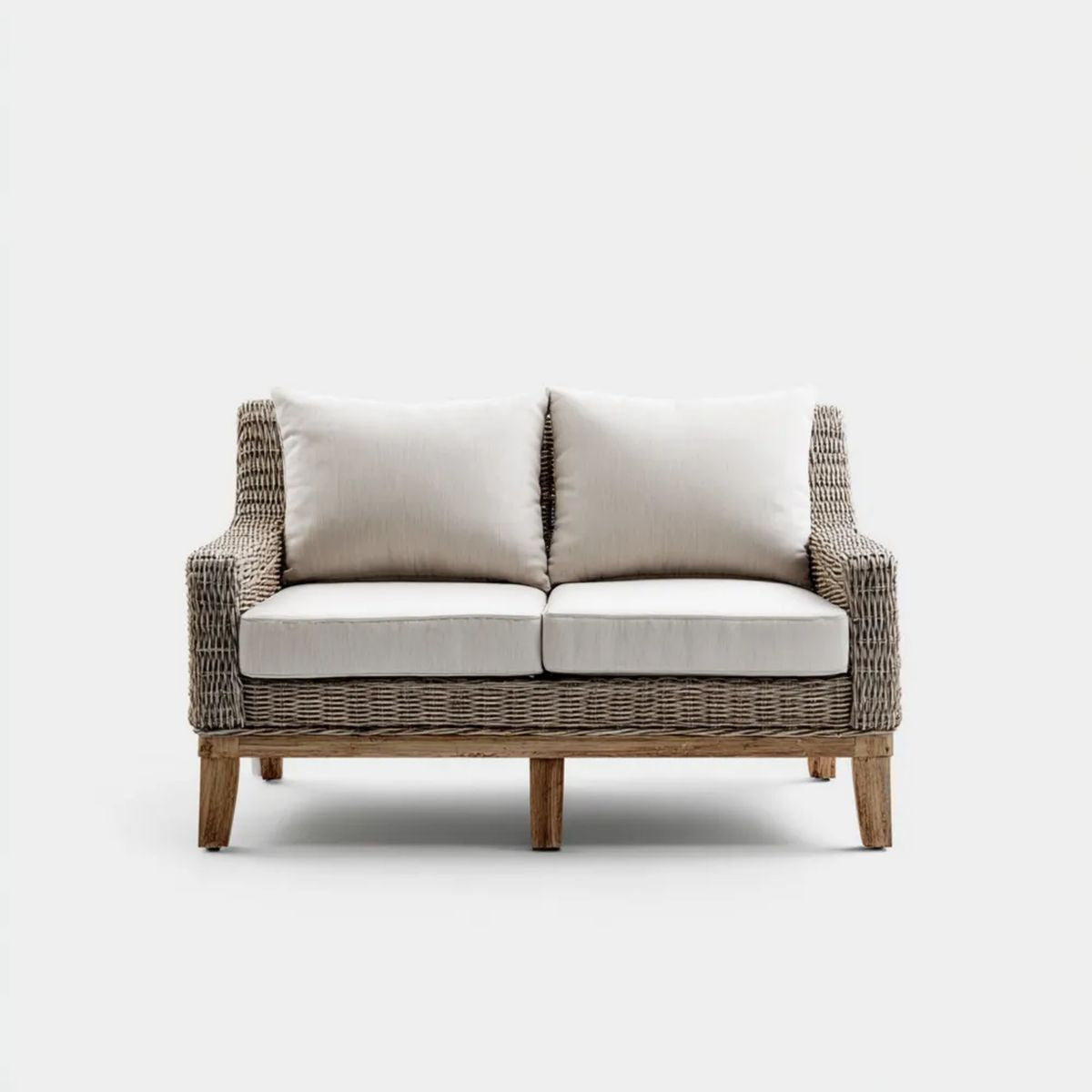 Sofa ogrodowa, 2-osobowa ogrodowy sofa w beżowym rattanie i akacia lita, 140 x 80 x 85 cm
