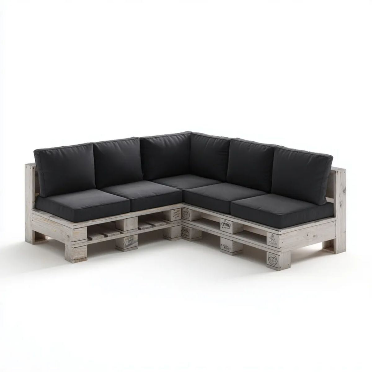 Sofa ogrodowa, Ogród narożnik sofa w biały drewno palety ozdobione czarne poduszki, 240 x 240 x 80 cm