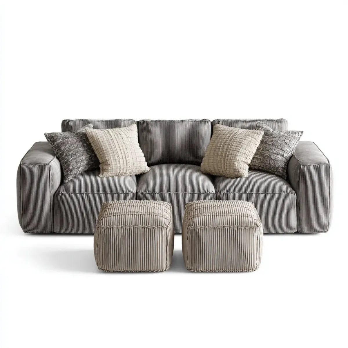 Sofa, 3 fotela z 2 szarymi gołębiami w aksamitnym aksamicie z poliestrowymi paskami prostokątnymi o kształcie 230 x 100 x 85 cm