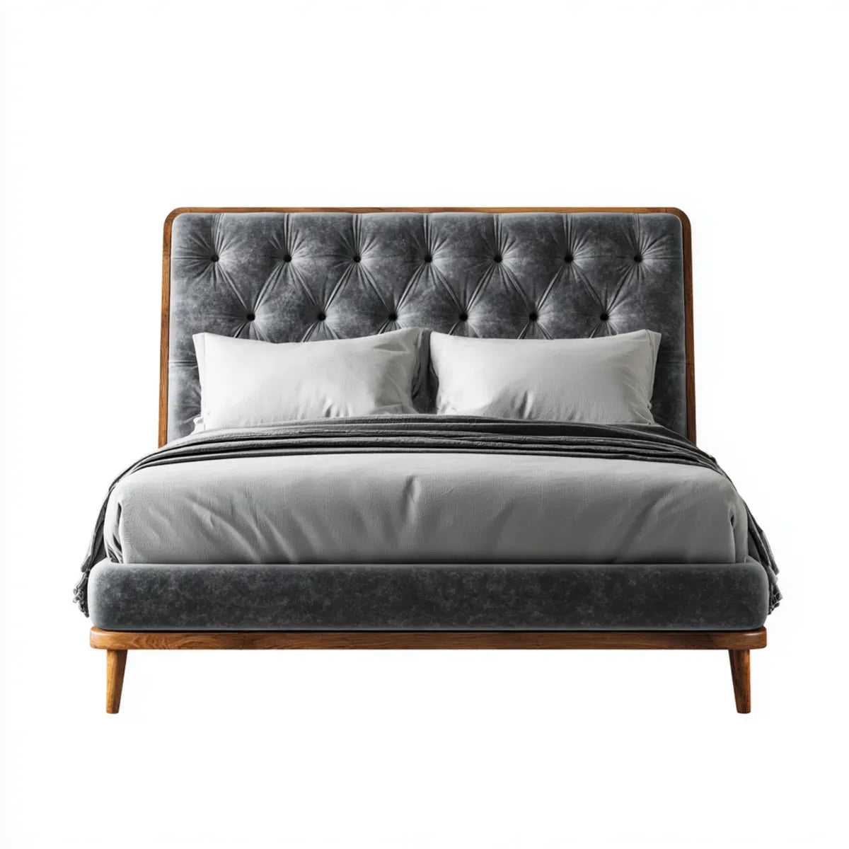 Łóżko dwuosobowe, Podwójna tapicerka łóżko antracyt 180 x 200 cm poliester inclusive prostokątny z przyciskiem szycia i drewniana rama