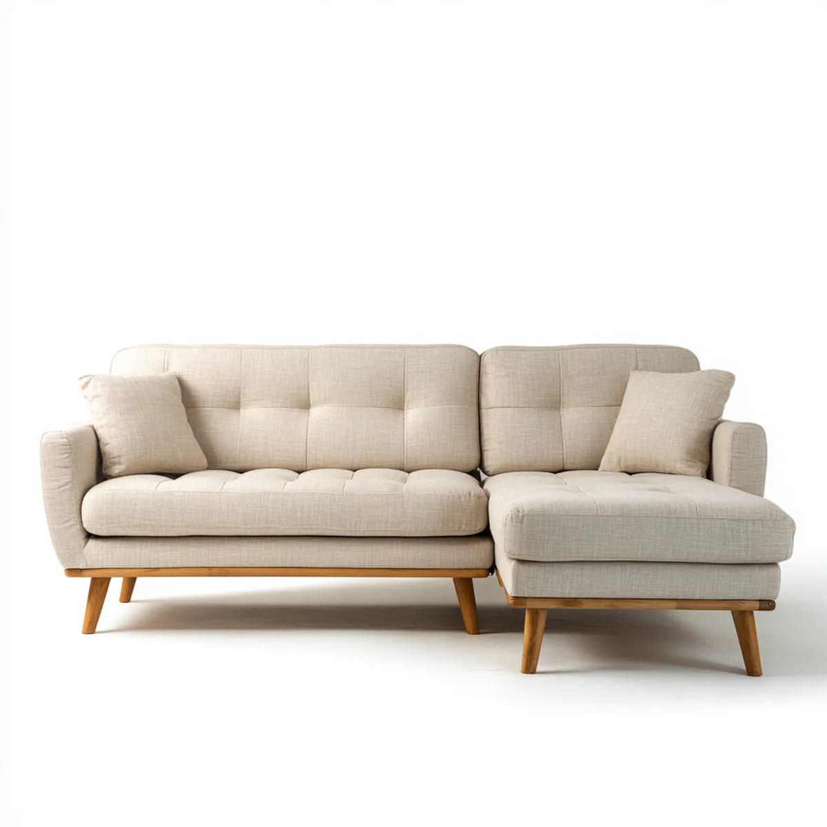 Sofa, Kanapa narożna z szewcem z prawej beżowym poliestrem 230 x 150 x 85 cm