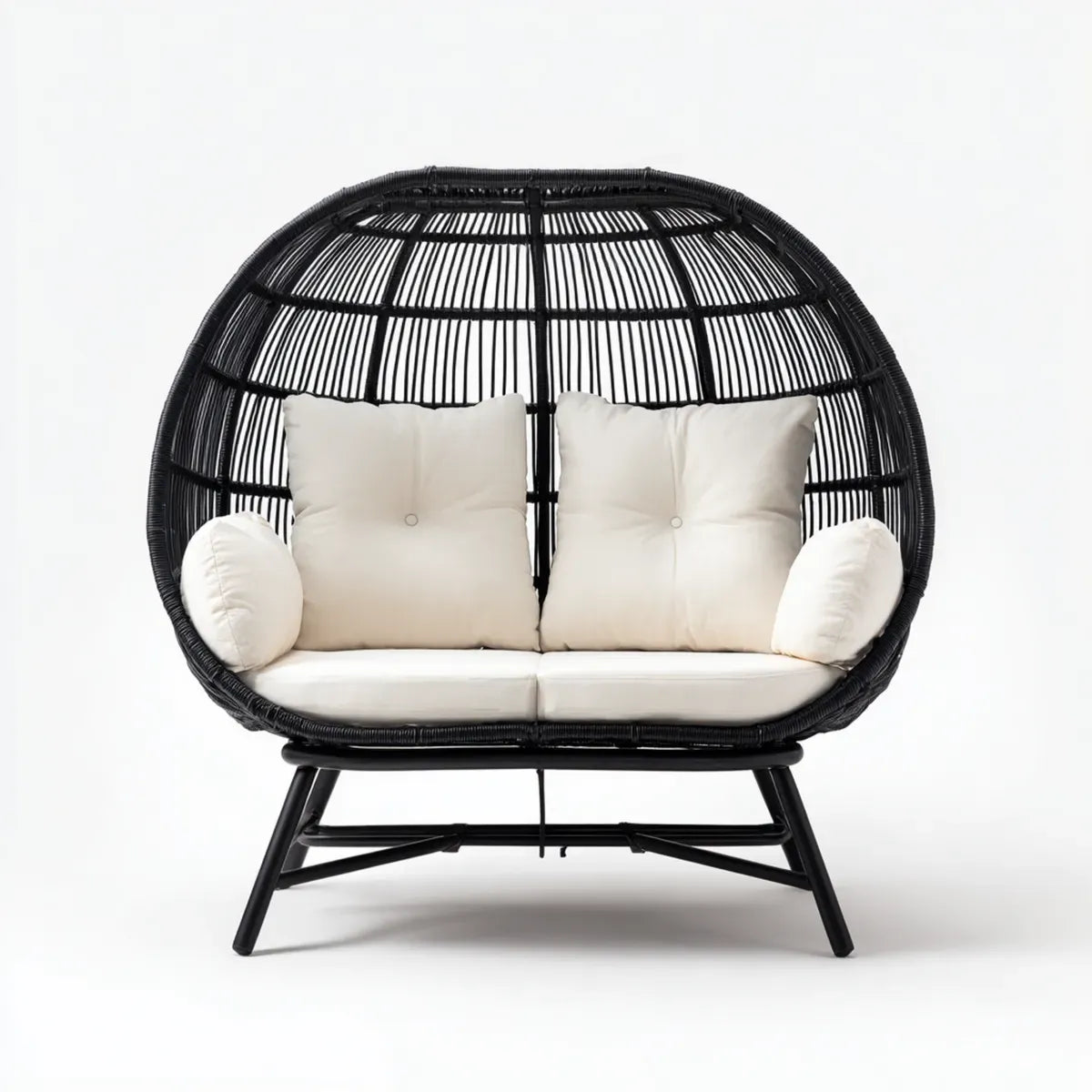 Fotel wypoczynkowy, Podwójny fotel wypoczynkowy Czarny krem 145 x 85 x 145 cm stali PE- rattan owalny