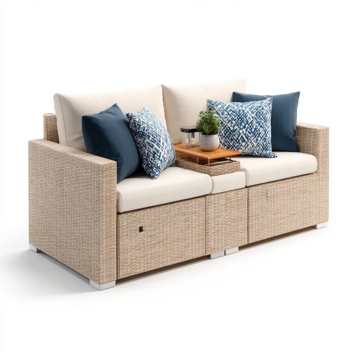 Sofa ogrodowa, 2-osobowa ogrodowy sofa ogrodowa beżowy żywica z poduszkami i półką środkową, 170 x 80 x 85 cm