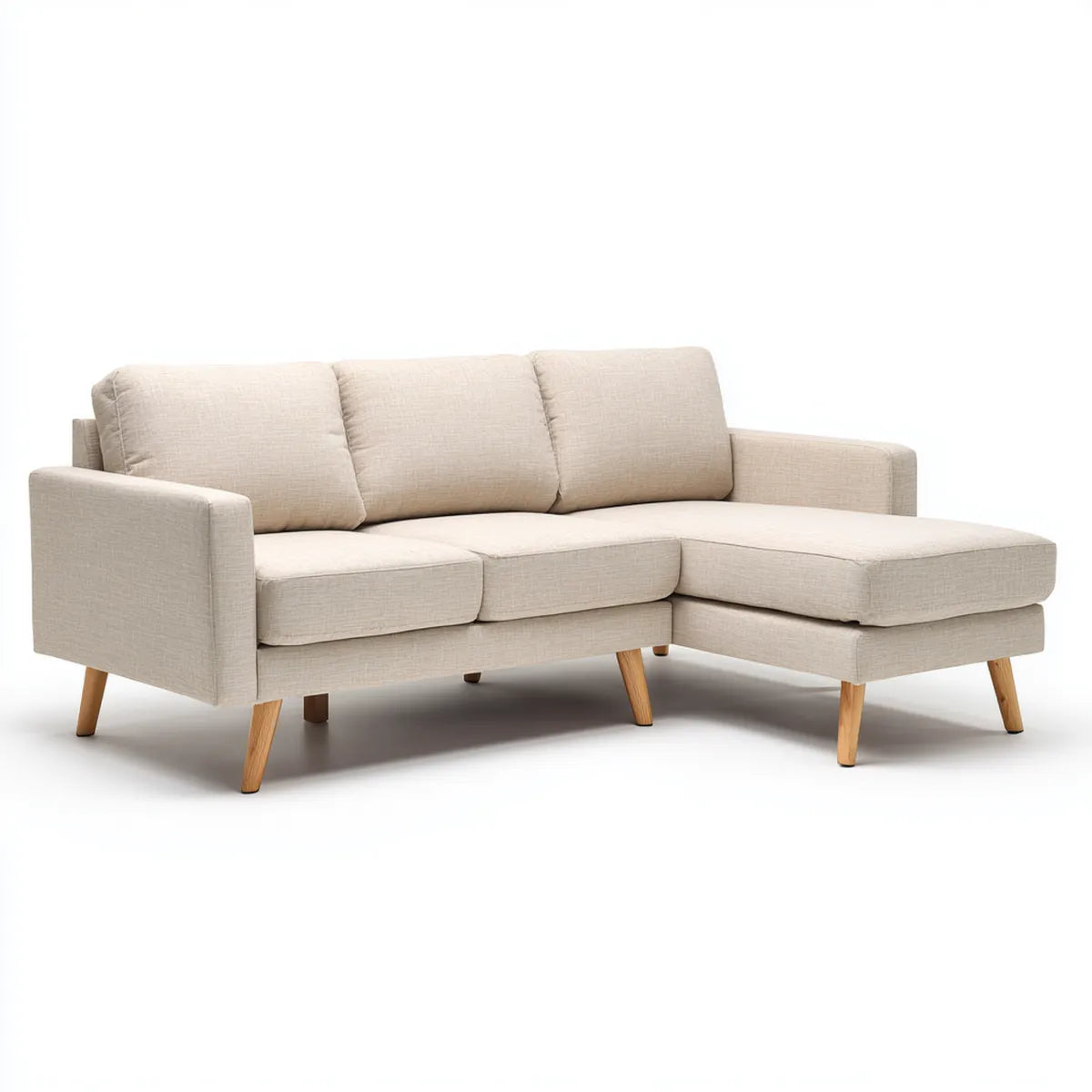 Sofa, Kanapa narożna 3 beżowe miejsca 210 x 145 x 85 cm w poliestrze z litymi nóżkami z drewna