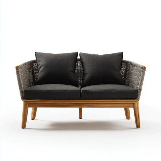 Sofa ogrodowa, 2 czarne i naturalne ogród sofa w akacji i przepuszczane linowe, 130 x 70 x 78 cm
