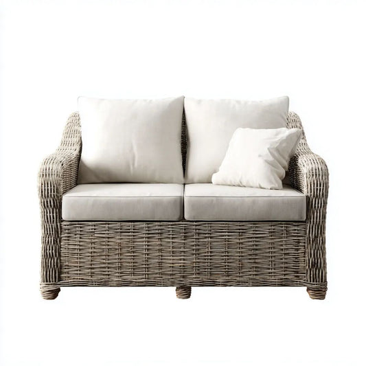 Sofa ogrodowa, 2-osobowa ogrodowy sofa w PE syntetyczna szara z beżowymi poduszkami, 140 x 80 x 85 cm