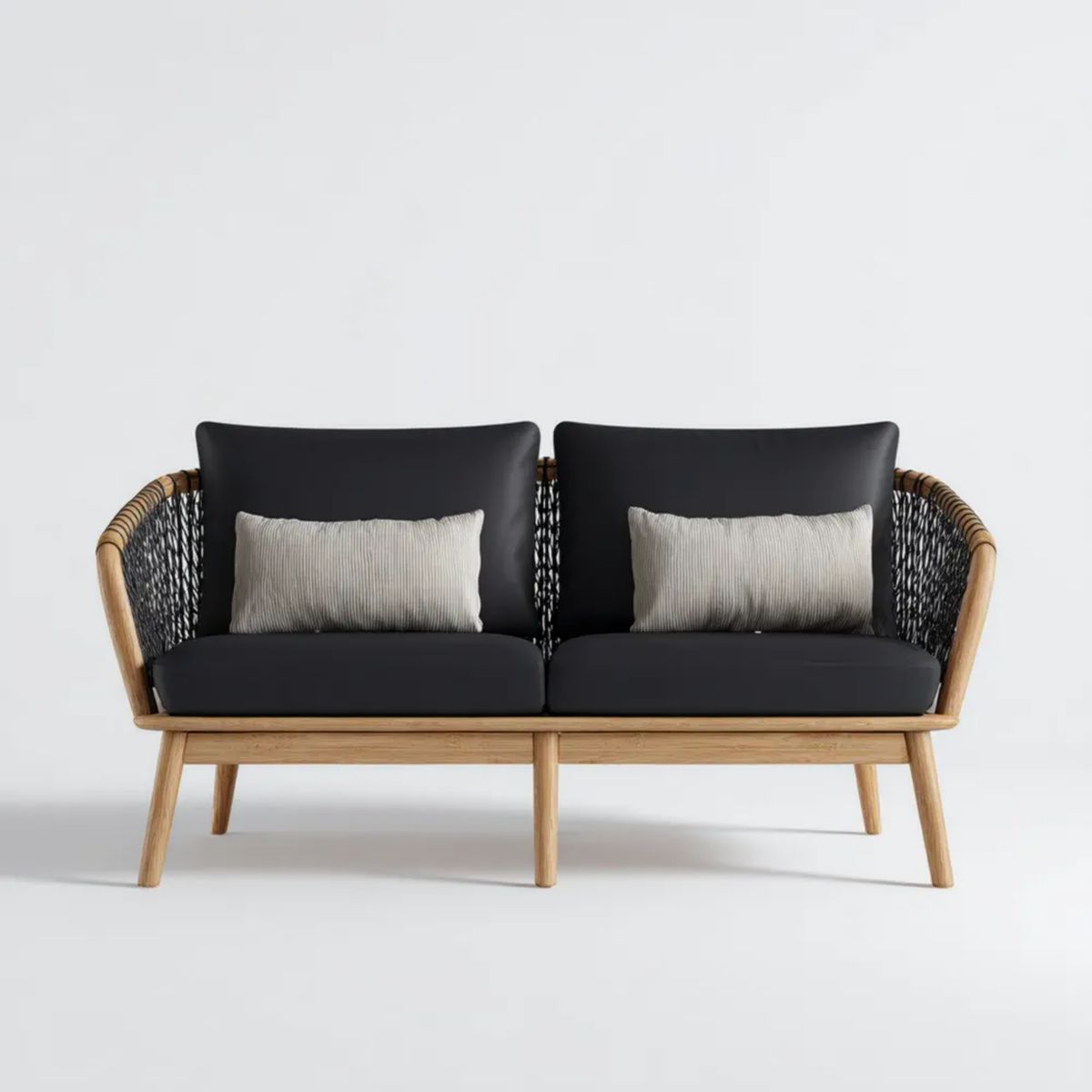 Sofa ogrodowa, 2-osobowa ogrodowy sofa ogrodowa w drewnianej belce i lina brązowa czarna, naturalna i lekko szara, 150 x 75 x 78 cm
