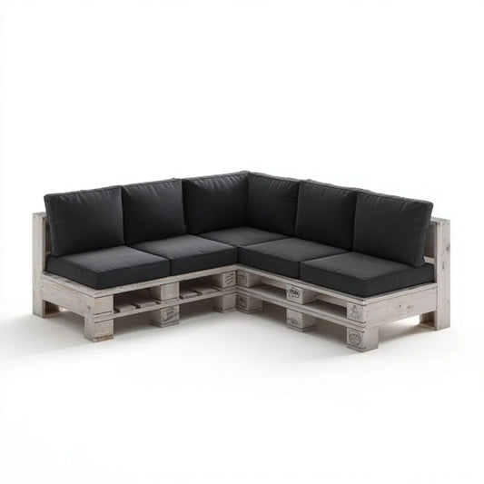 Sofa ogrodowa, Ogród narożnik sofa w biały drewno palety ozdobione czarne poduszki, 240 x 240 x 80 cm