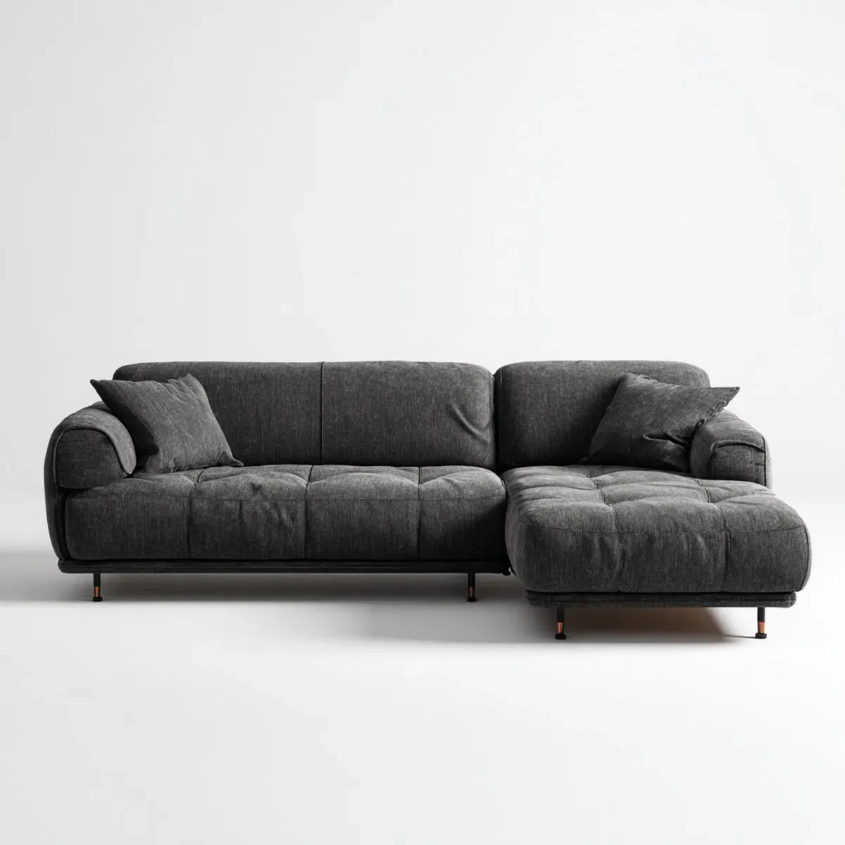 Sofa, Kanapa narożna 3 fotele z krzesełkiem z prawym, ciemnoszarym poliestrem 260 x 160 x 85 cm
