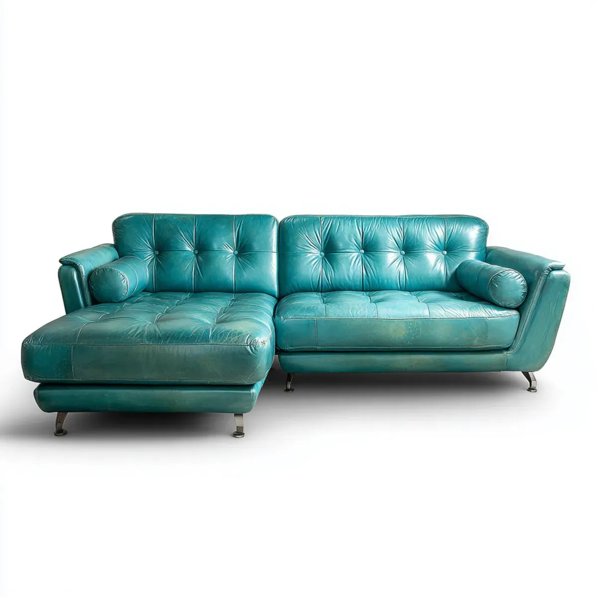 Sofa, Kanapa narożna 3 fotele z krzesełkiem z lewej turkusowej skóry PU 250 x 160 x 88 cm