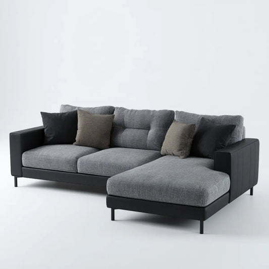 Sofa, Kanapa narożna z szarym i czarnym półwyspem 260 x 160 x 85 cm w poliestrze i PU w L