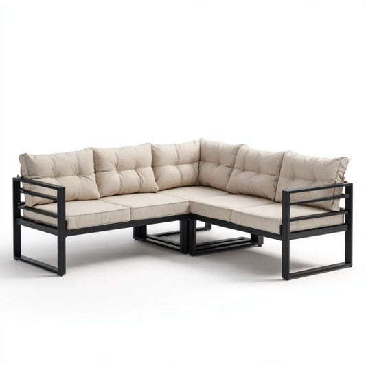 Sofa ogrodowa, Ogród Tapicerka z 5 fotelami w stali stołowej i beżowej tkaniny, 220 x 220 x 68 cm