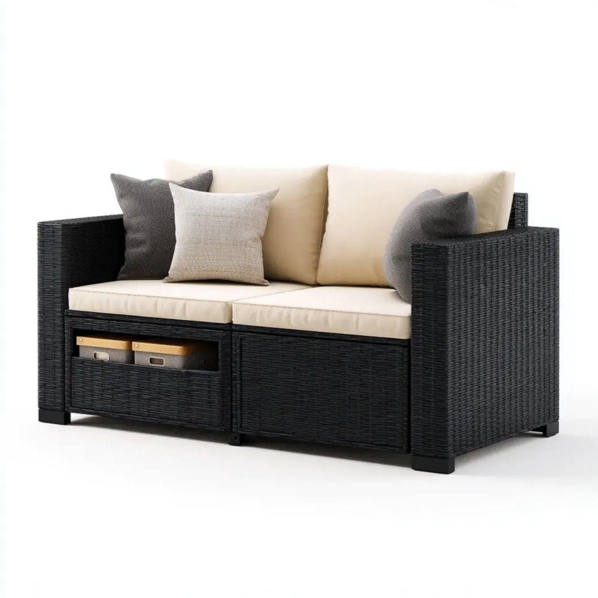 Sofa ogrodowa, 2 fotele ogrodowe sofa z przezroczystego, czarnego rattanu PE i kremu kremowego poduszki, 130 x 75 x 85 cm