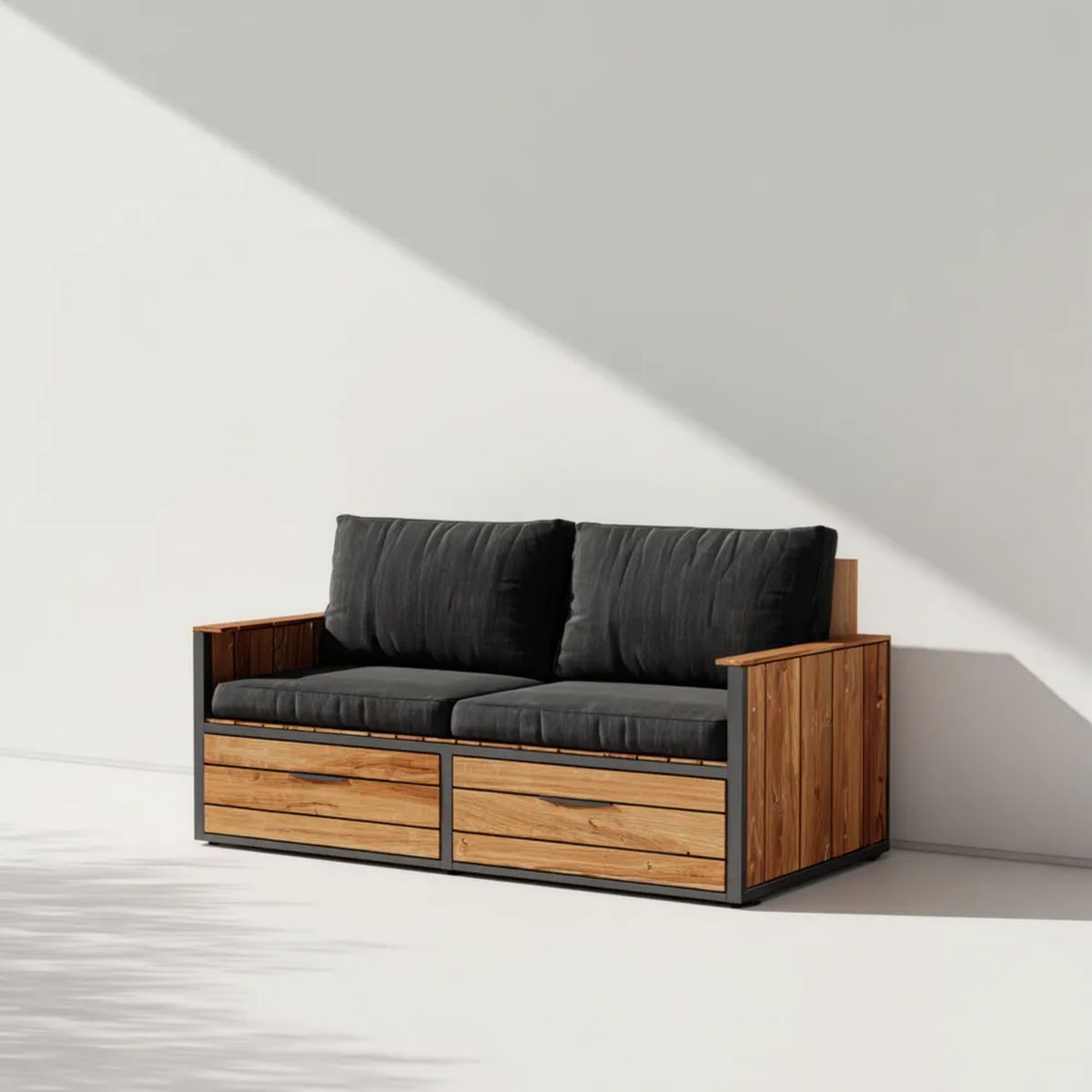 Sofa ogrodowa, 2 czarne i brązowe ogrodowe sofa ogrodowa w owalnej akacji i stali krzemowej, 150 x 80 x 75 cm