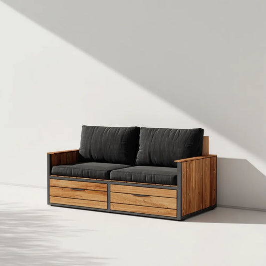 Sofa ogrodowa, 2 czarne i brązowe ogrodowe sofa ogrodowa w owalnej akacji i stali krzemowej, 150 x 80 x 75 cm