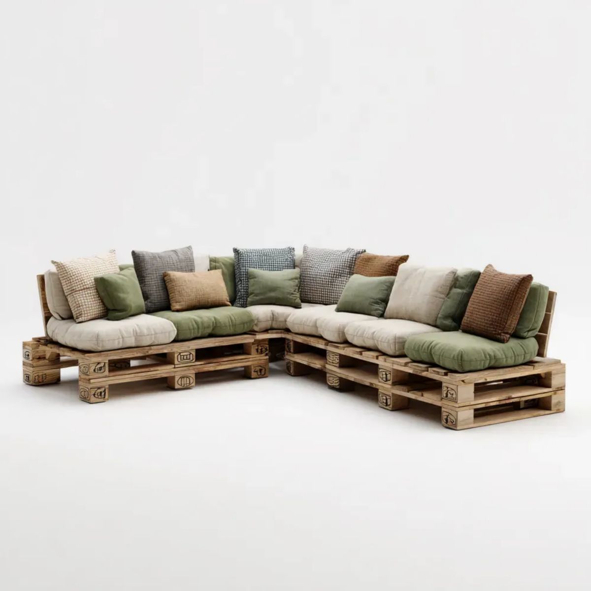 Sofa ogrodowa, Ogród Kącik narożny Kącik kanapa 5 Kąty w Kędzierzawym drewnie, Grzbiet oliwny zieleń, beż i szary, 300 x 220 x 85 cm, Grzbiet L