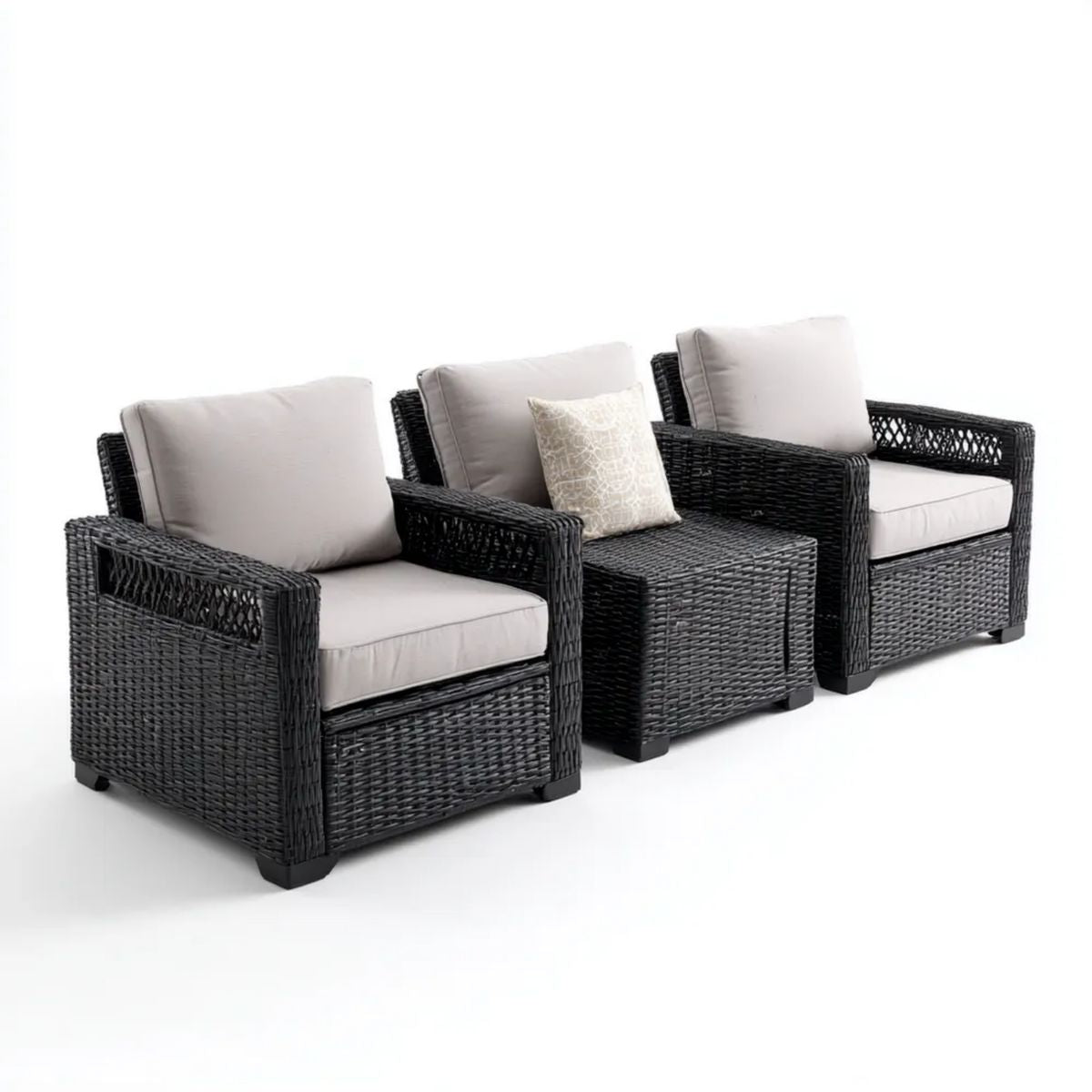 Sofa ogrodowa, Meble ogrodowe 3 elementy z czarnego PE cementowane żywicą cementową z 2 fotelami, stołem do kawy i beżowymi poduszkami, fotelami z kolorowymi fotelami 75 x 75 x 85, 75 x 75 x 85 cm