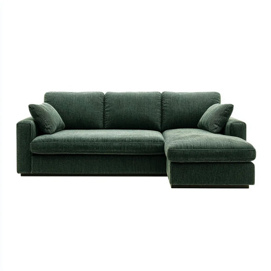 Sofa, Rożna sofa 3 ciemnozielone miejsca w aksamicie na żeberka poliestrowe po prawej 250 x 160 x 85 cm