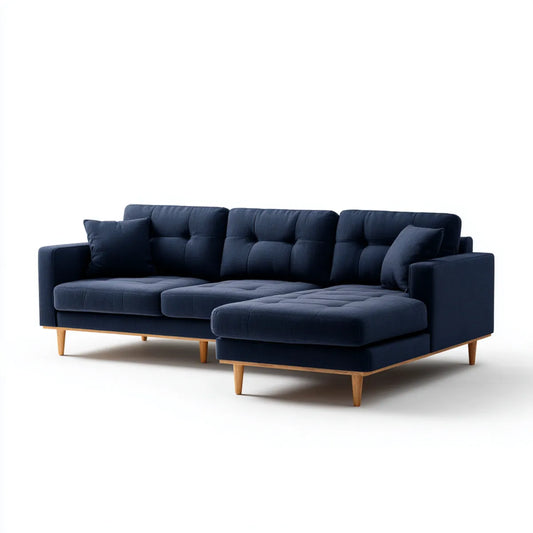 Sofa, Kanapa narożna z krzesełkiem z niebieskim navy 270 x 160 x 85 cm w kształcie poliestru L