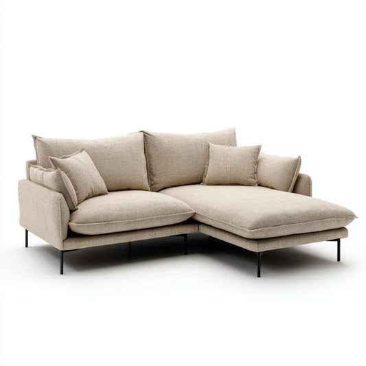 Sofa, beżowa kanapa narożna z szewcem o wymiarach 260 x 160 x 85 cm w poliestrze L
