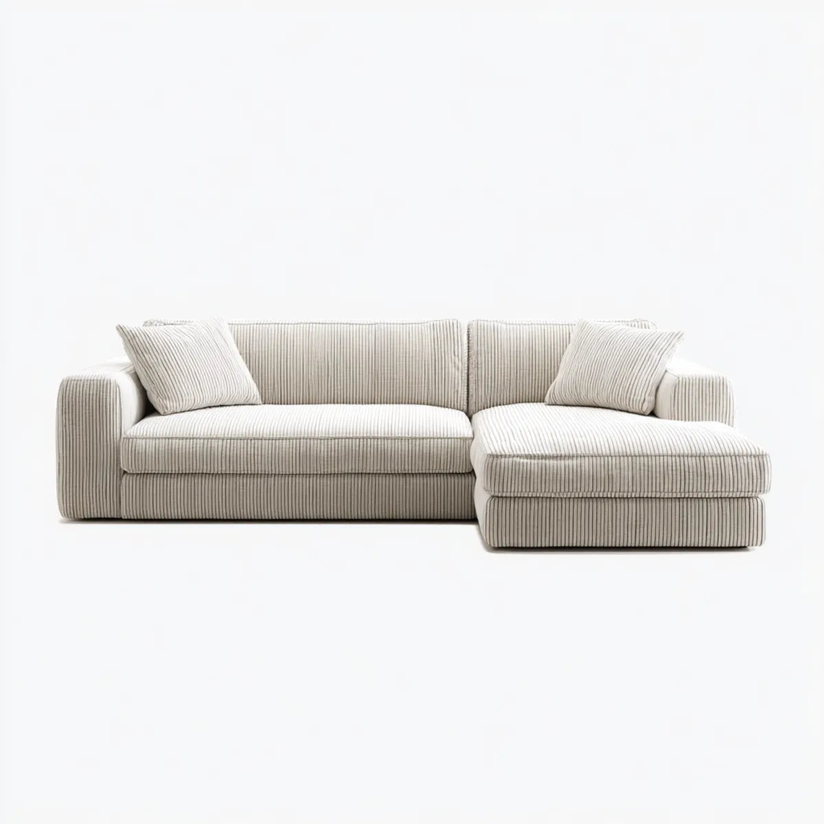 Sofa, Rożna sofa 3 beżowe, aksamitne fotele w poliestrowym, żebrowanym aksamicie 250 x 160 x 85 cm z prawym szezlongiem