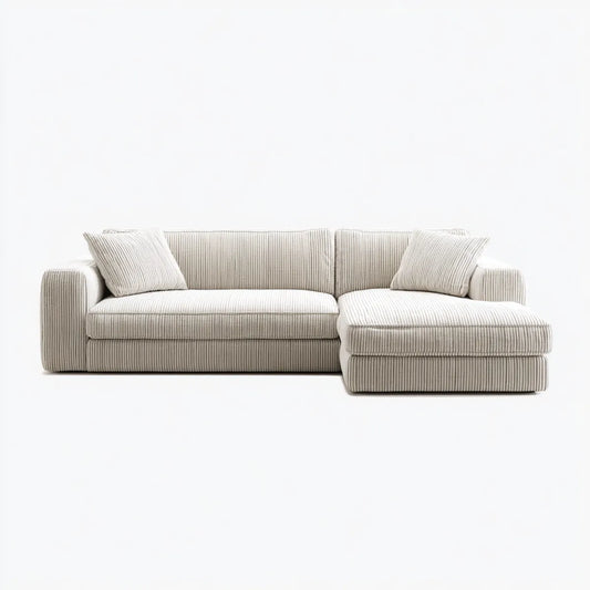 Sofa, Rożna sofa 3 beżowe, aksamitne fotele w poliestrowym, żebrowanym aksamicie 250 x 160 x 85 cm z prawym szezlongiem