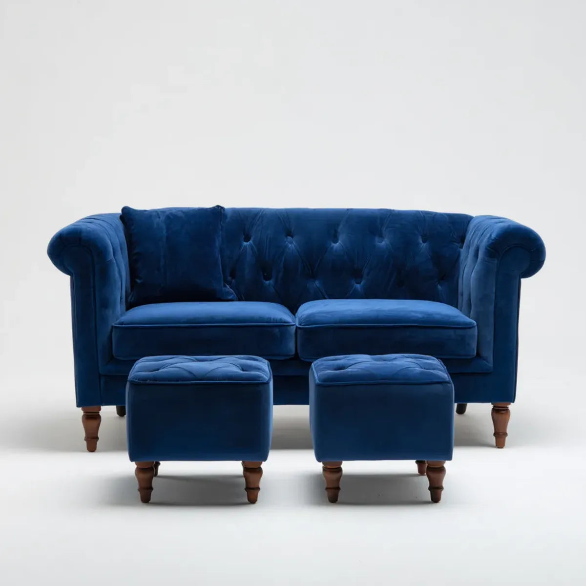 Sofa, Zestaw kanapa 2 fotele z 2 niebieskimi pufami w prostokątnym poliestrowym aksamicie 178 x 86 x 78 cm