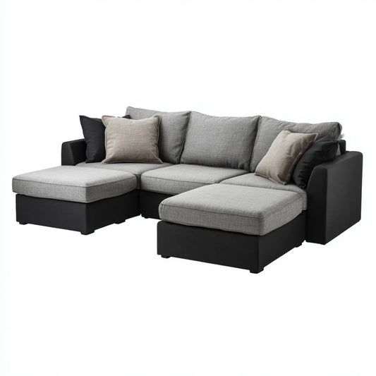 Sofa narożna w kolorze szarym i czarnym 280 x 160 x 85 cm w poliestrze i PU z krzesełkiem longowym