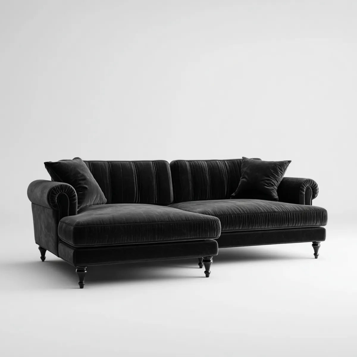 Sofa, Kanapa narożna z krzesełkiem z lewej czarnej poliestrowej aksamitu 285 x 160 x 88 cm