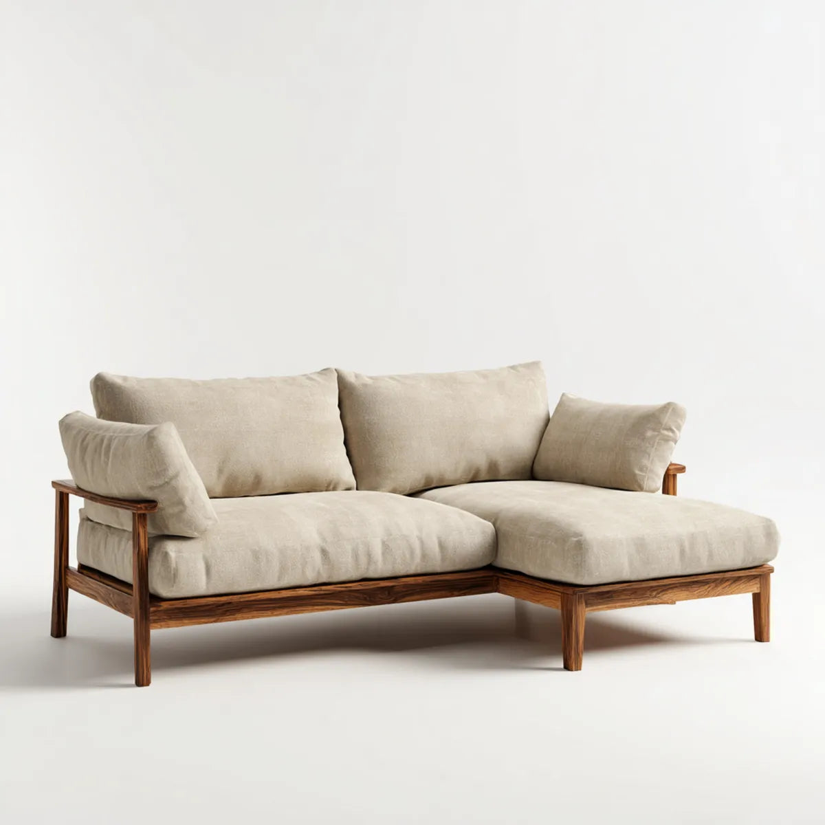 Sofa, Kanapa narożna z krzesełkiem z prawej strony beżowej 220 x 150 x 82 cm w kształcie L z poliestru i litego drewna