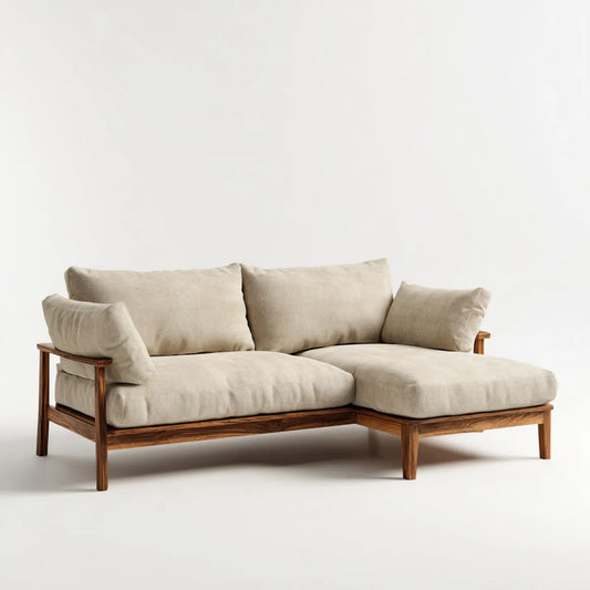 Sofa, Kanapa narożna z krzesełkiem z prawej strony beżowej 220 x 150 x 82 cm w kształcie L z poliestru i litego drewna