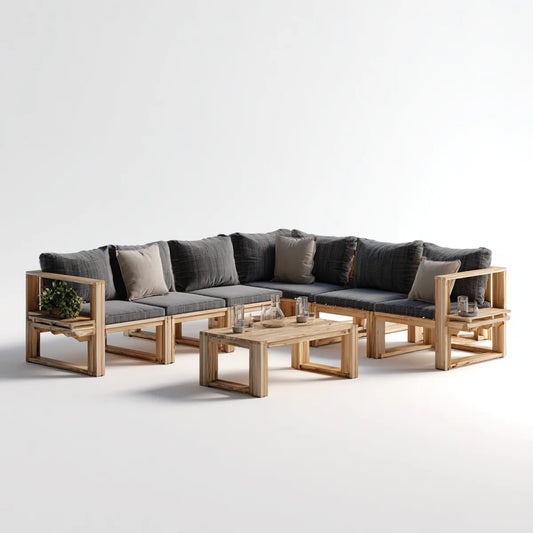 Sofa ogrodowa, Ogród salon narożna sofa zestaw naturalny szary 260 x 260 cm acacia lite drewno kształt litery L z stolikiem kawowym