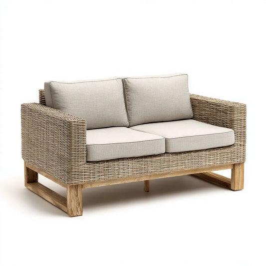 Sofa ogrodowa, 2 miejsca do siedzenia w ogrodzie sofa w PE syntetyczny rattan i acacia drewno 150 x 80 x 78 cm
