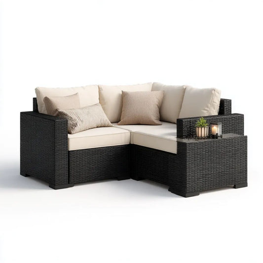 Sofa ogrodowa, 2-osobowa czarny ogród rogówka sofa w tkaniną żywicy żywicznej PE z beżowymi poduszkami, 150 x 75 x 65 cm