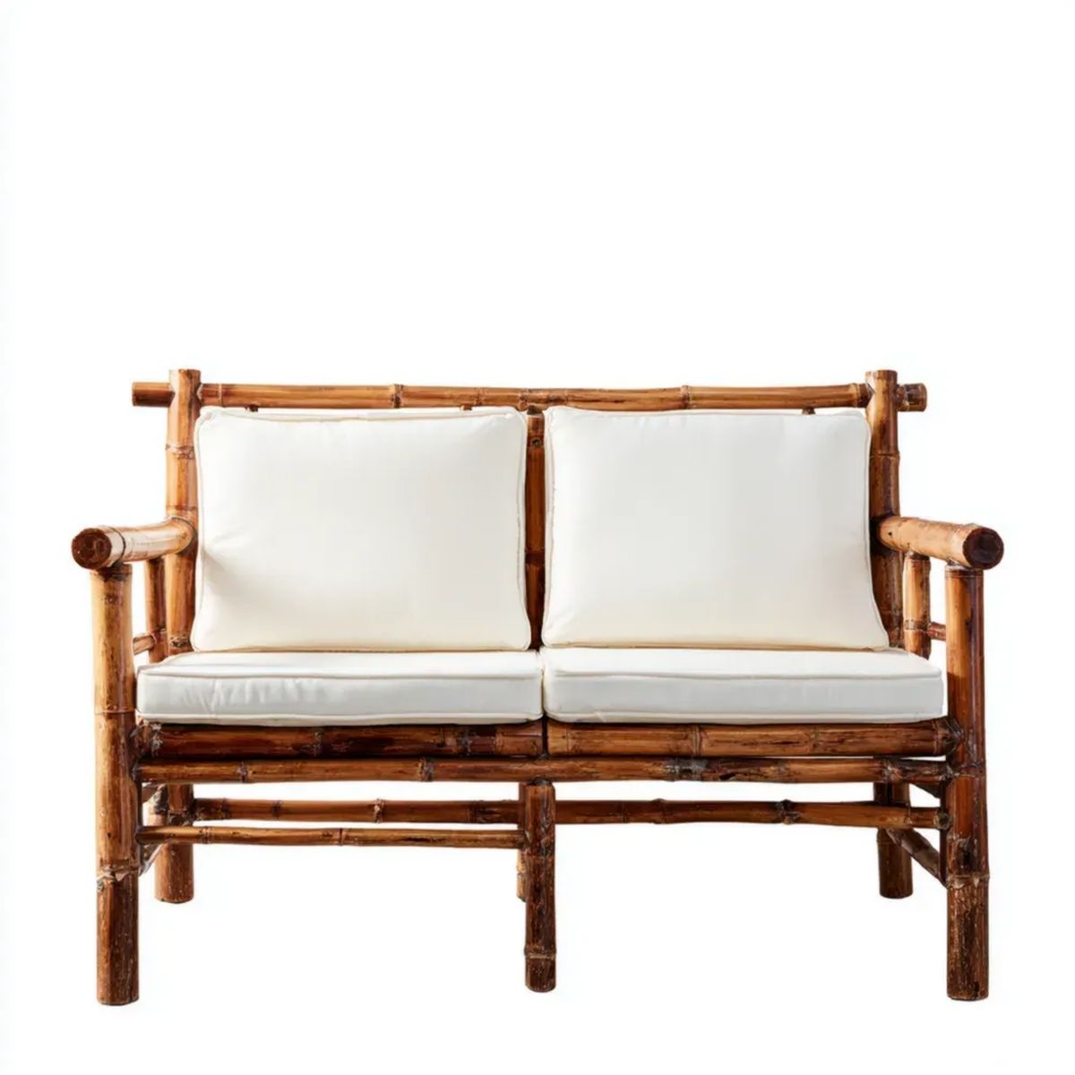 Sofa ogrodowa, 2 fotele ogrodowe sofa w brązowym bambusie z białymi poduszkami, 109 x 70 x 80 cm