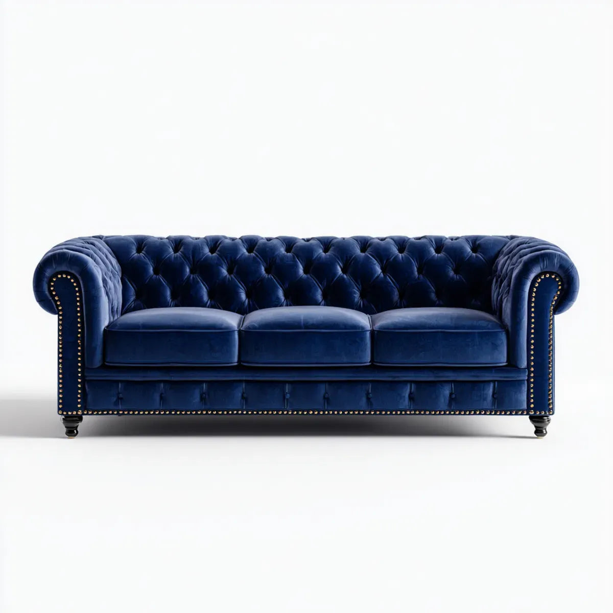 Sofa, Chesterfield sofa 3 granatowe miejsca w poliestrowym aksamicie 220 x 90 x 78 cm z kapitonné z powrotem
