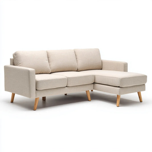 Sofa, Kanapa narożna 3 beżowe miejsca 210 x 145 x 85 cm w poliestrze z litymi nóżkami z drewna