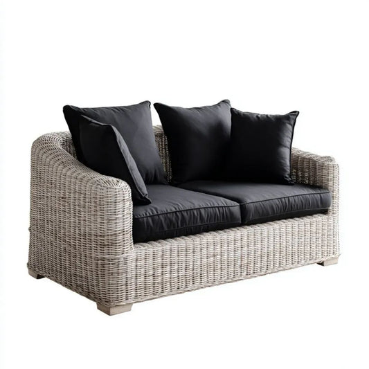 Sofa ogrodowa, 2-osobowa ogrodowy sofa w szarej syntetyczny rattan z czarnym poduszką, 150 x 85 x 80 cm