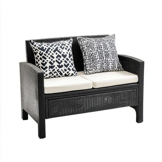 Sofa ogrodowa, 2-osobowa czarny ogrodowy sofa w PE cementowa żywica z kremem z poduszką, 124 x 70 x 80 cm