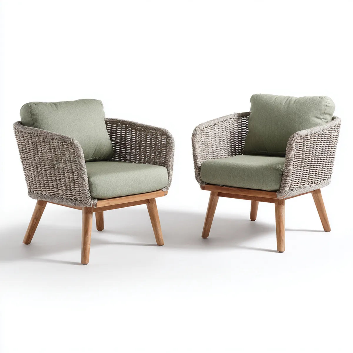 Fotel wypoczynkowy, Zestaw 2 ogrodowych foteli z oliwą zielony szary 70 x 75 x 78 cm z PE rattan acacia drewna i poliestrowej poduszki okrągły